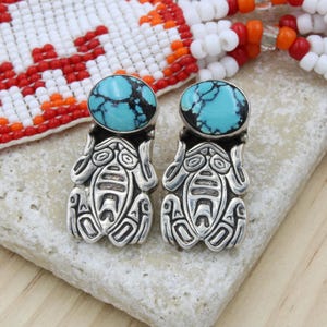 Southwest Signed Carol Felley Sterling Silver Turquoise Frog Stud Earrings