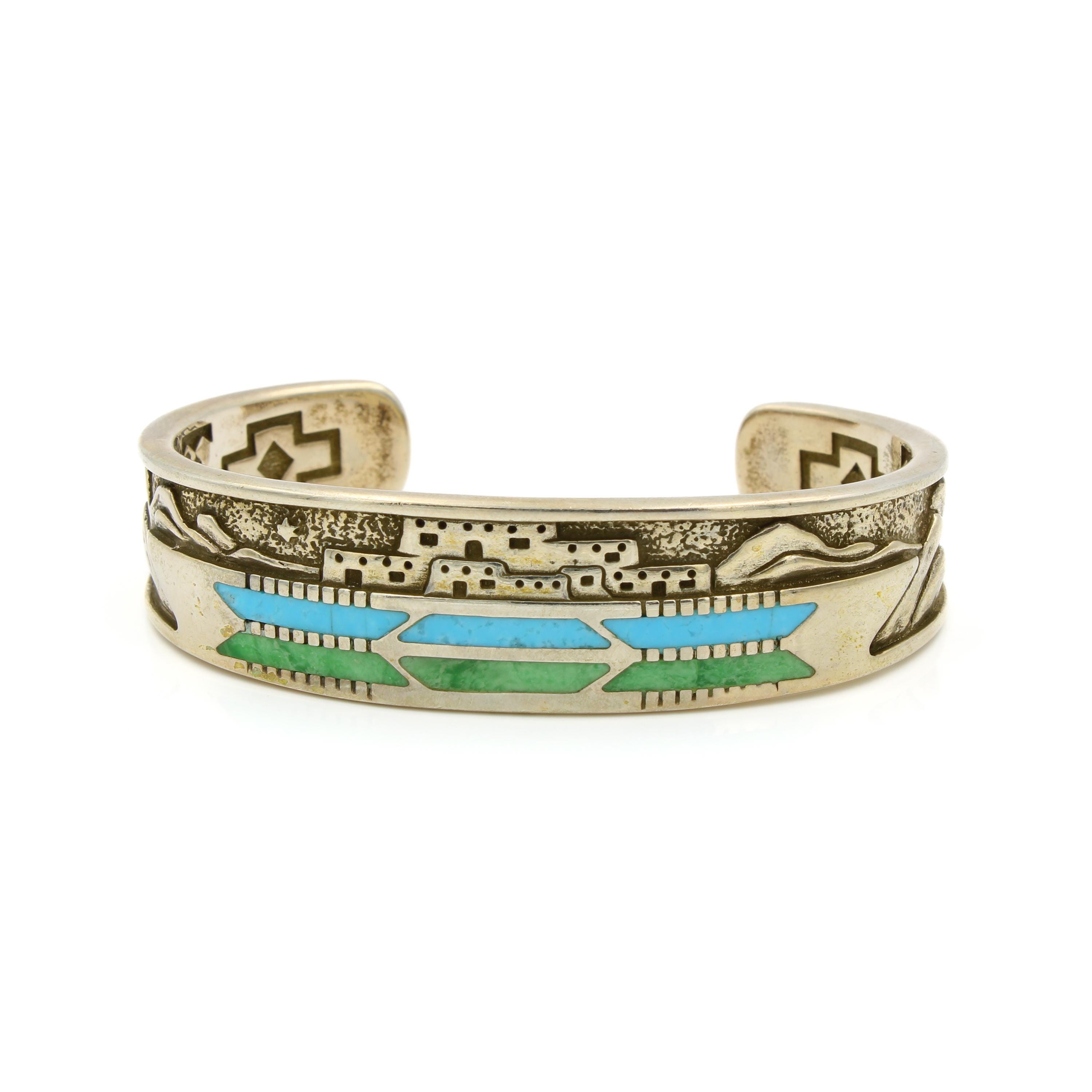 Navajo Signed Aaron Brokeshoulder Sterling Silver Turquoise Inlay