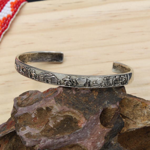 Navajo Sterling Silver Storyteller Cuff Bracelet: Diné Village Life by Eugene Hale