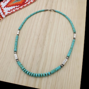 Southwest Sterling Silver Turquoise Beaded Heishi Hand Stamped Necklace