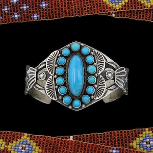 Navajo Signed Sheila Tso Sterling Silver Hand Stamped Cluster Turquoise Cuff Bracelet