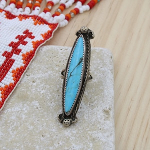 Southwest Sterling Silver Blue Turquoise Long Navette Cabochon Size 5 Statement Ring
