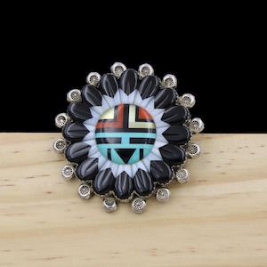 Zuni Signed Andrew Dewa Sterling Silver Turquoise Coral Onyx Sun Face Pin Brooch Pendant
