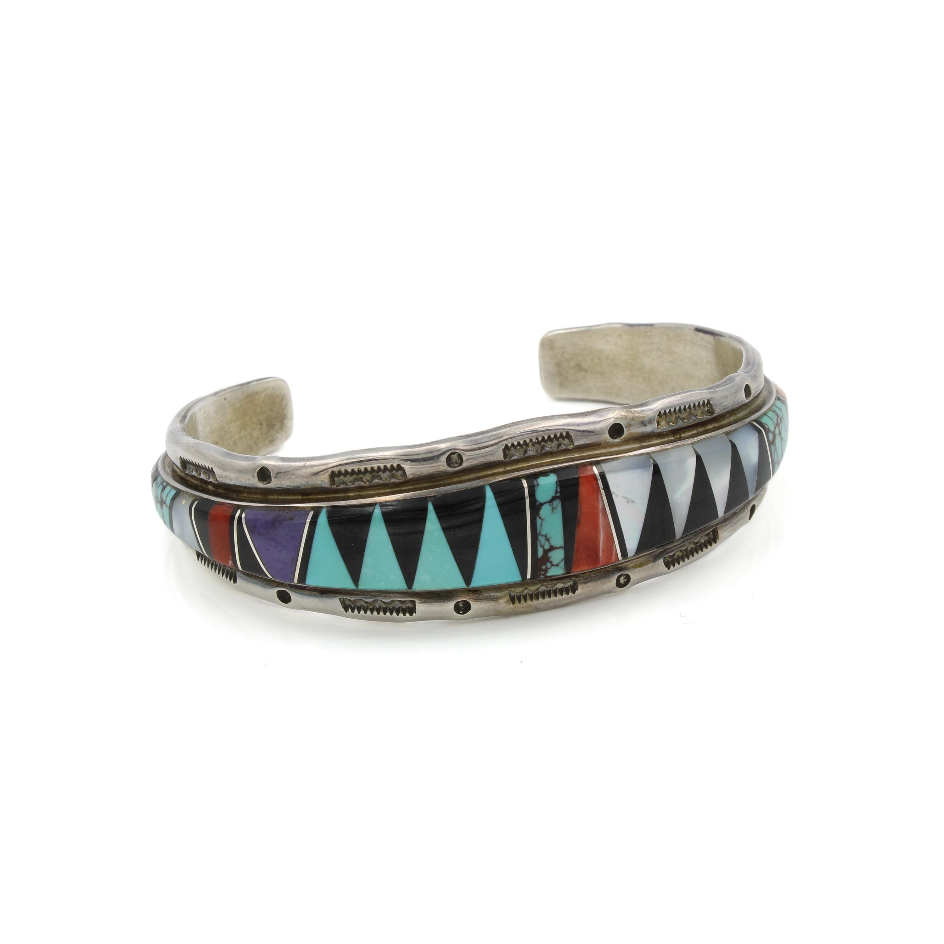 Navajo Lee Mccray Sterling Silver Gemstone Inlay Cuff Bracelet - Etsy