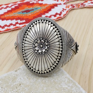 Navajo Eddy Chaco Signed Sterling Silver Hand Cut & Filed Floral Motif Cuff Bracelet