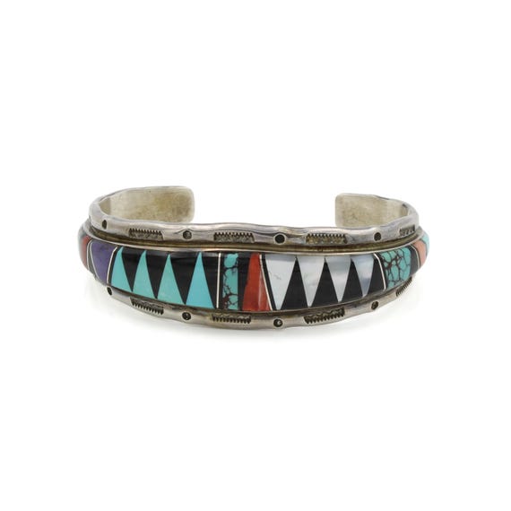 Navajo Lee Mccray Sterling Silver Gemstone Inlay Cuff Bracelet - Etsy