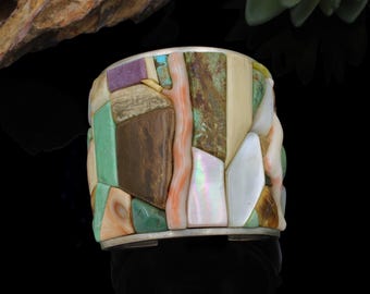 Southwest Artist Signed Buddy Lee Sterling Silver Turquoise Mother of Pearl Spiny Oyster Shell Inlay Cuff Bracelet