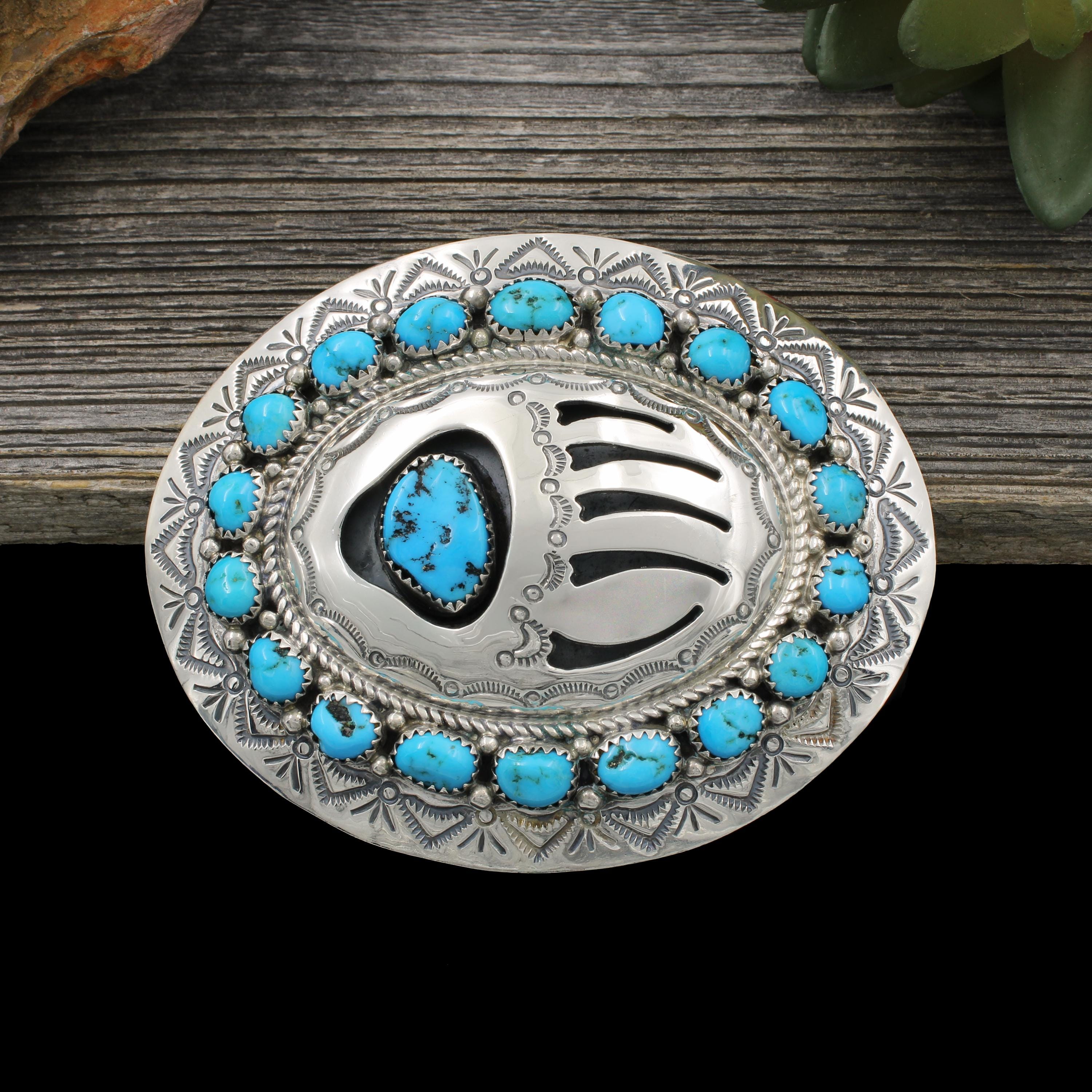 Wilburt Muskett Navajo Turquoise and Silver Bear Paw Shadowbox Belt Buckle Muskett Turquoise Shadow Box Buckle | Joe Wilcox Indian Den main image 3