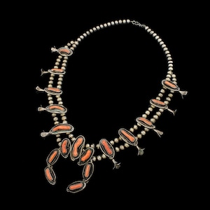 Southwest Sterling Silver Red Coral Bench Bead Squash Blossom Necklace