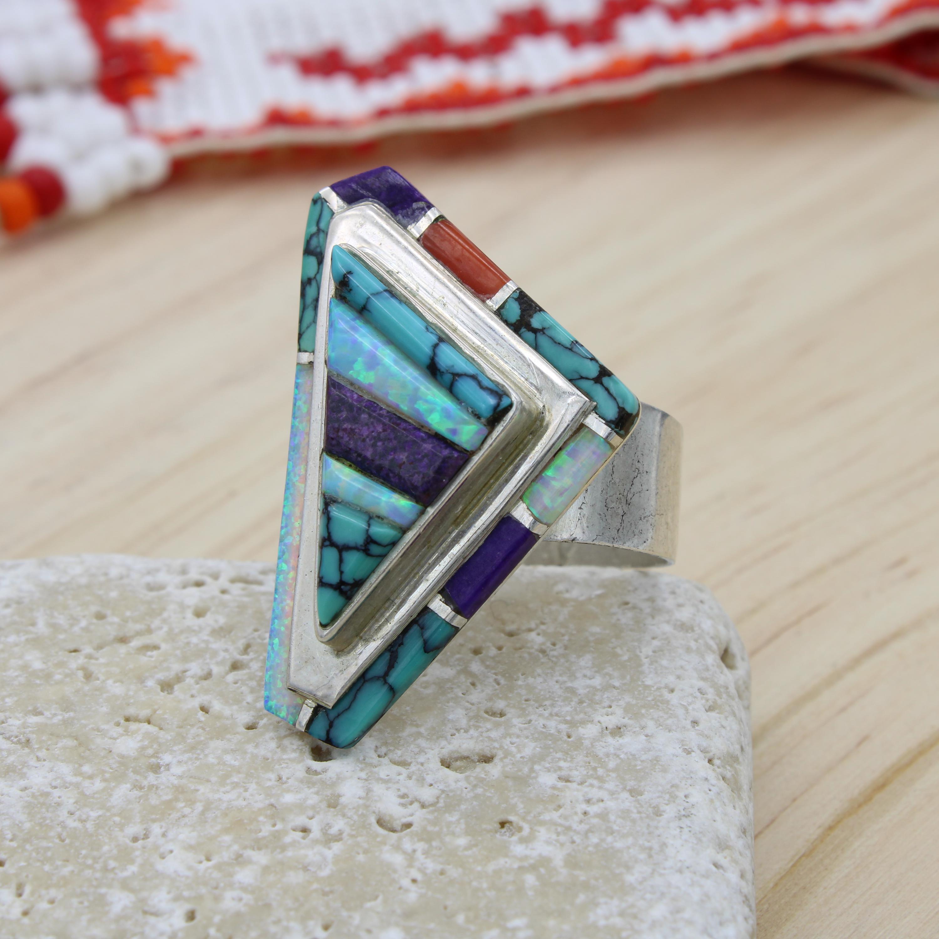 Navajo Artist Larry Castillo Sterling Silver Turquoise Opal Red