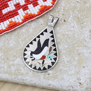 Zuni Artists Dennis & Nancy Edaakia Sterling Silver Onyx Mother Of Pearl Red Coral Bird Inlay Pendant
