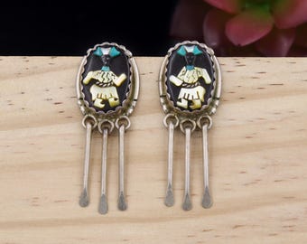 Zuni Kachina Sterling Silver Dangle Earrings, Onyx Mother of Pearl Turquoise Inlay