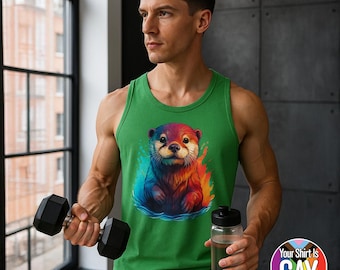 Make Waves in Rainbow Otter Muscle Shirt Featuring Bold Colors and Comfortable Fit from YOUR SHIRT is GAY