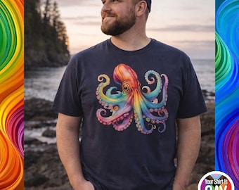 Rainbow Octopus Shirt LGBTQ Pride Graphic Tee Colorful Tentacle Ocean Design Queer Festival Outfit