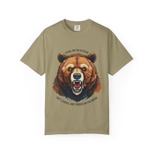 Funny Gay Bear Pride Tee: Feral Outside, Soft Inside - Comfort Colors Shirt Khaki