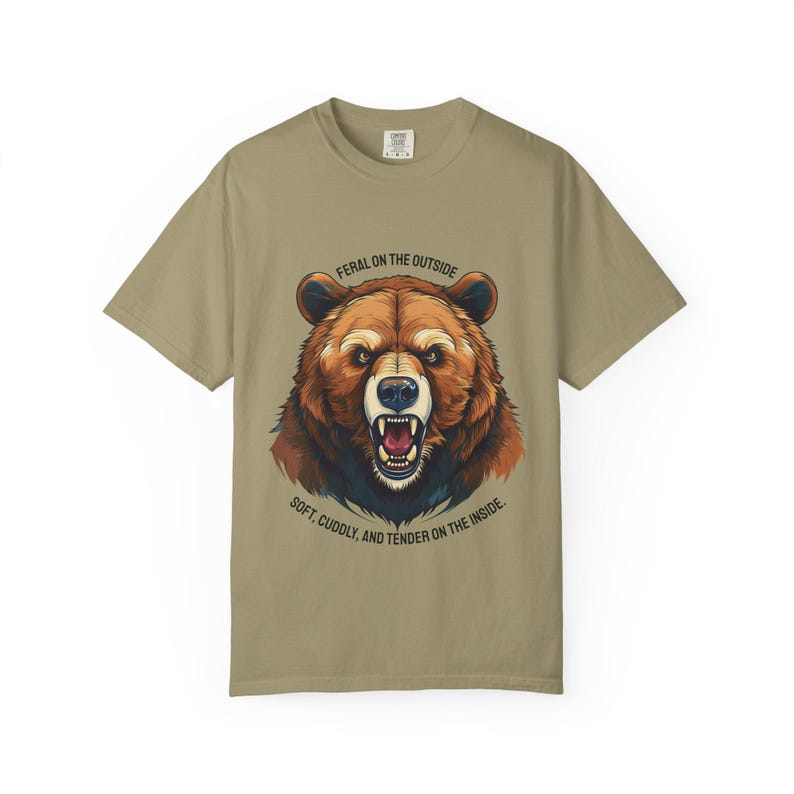 Funny Gay Bear Pride Tee: Feral Outside, Soft Inside - Comfort Colors Shirt Khaki