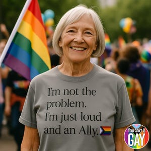 May include: A gray t-shirt with the text "I'm not the problem. I'm just loud and an Ally." A rainbow flag is visible in the background. The shirt also has a small rainbow flag graphic.