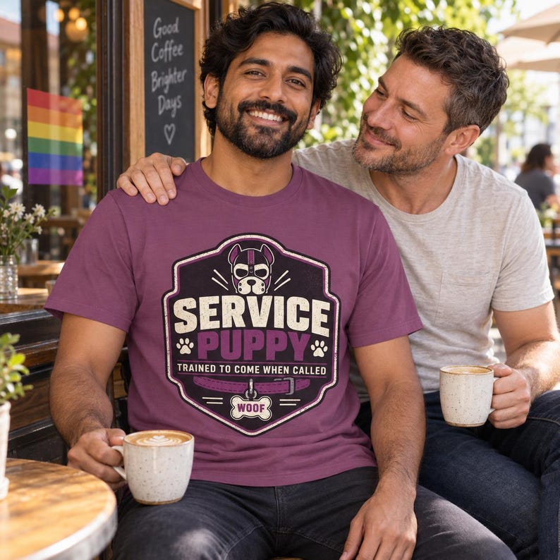 K&ouml;nnte beinhalten: Ein malvenfarbenes T-Shirt mit einer Grafik eines Hundes, der ein Geschirr tr&auml;gt, innerhalb eines schildf&ouml;rmigen Emblems. Der Text lautet SERVICE PUPPY, TRAINED TO COME WHEN CALLED und WOOF auf einem knochenf&ouml;rmigen Anh&auml;nger.