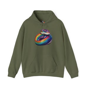 Rainbow Python Pride Hoodie LGBT Graphic Sweatshirt LGBTQ Clothing Gift Military Green