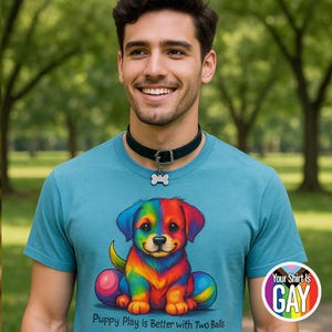 May include: Teal t-shirt featuring a colourful puppy graphic and the text "Puppy Play Is Better with Two Balls." The shirt also has a circular sticker that says "Your Shirt Is GAY." A black collar with a bone-shaped tag is worn.