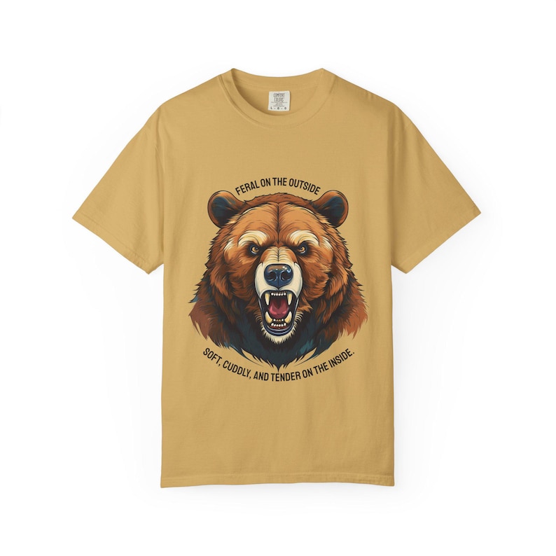 Funny Gay Bear Pride Tee: Feral Outside, Soft Inside - Comfort Colors Shirt Mustard