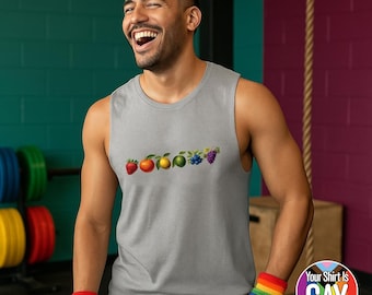 Fruity Pride Muscle Shirt: Rainbow Fruit Graphic Tank Top