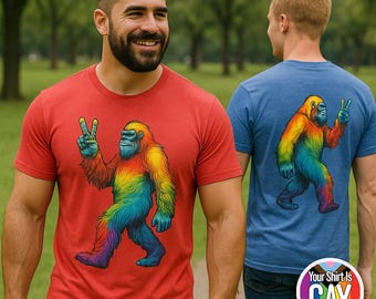 Rainbow Bigfoot Pride T-Shirt: LGBTQ Sasquatch Peace Sign Tee