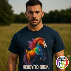 Gay Cowboy Pride Shirt Comfort Colors Stallion Pride Tee &quot;Ready to Buck&quot; Rainbow Horse Shirt