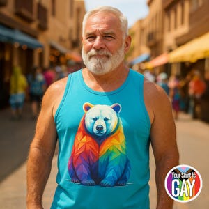 Sitting Rainbow Polar Bear Pride Tank Muscle Shirt Comfort Colors Queer Workout Top LGBT Festival Gear Gay Bear Apparel Sleeveless Tee