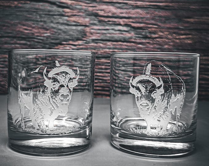 Featured listing image: Bison Glasses, Hunting Glasses, Gift for Outdoor, Bar Whiskey Glasses, Cabin Drinkware, Scotch Glass Set, Bourbon Glasses, Wildlife