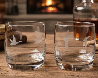 Birds in Flight Etched Old Fashion Whiskey Glasses, Rustic Decor Gift Set of 2