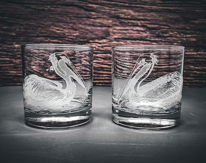 Featured listing image: Pelicans Whiskey Glass , Home Decor Glasses, Etched Glassware, Bar Whiskey Glasses, Lake House Drinkware, Scotch Glass Set, Bourbon Glasses