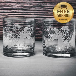 Bear Etched Whiskey Glass, Personalized Glass, Home Bar Decor, Gift For Him, Barware, Whiskey Set of 2