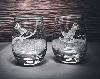 Pheasants Wine Glasses, Forest Scene Whiskey Glasses, Wild Life Forest, Cabin & Bar Gift, Gift For Mom, Game Birds Set of 2