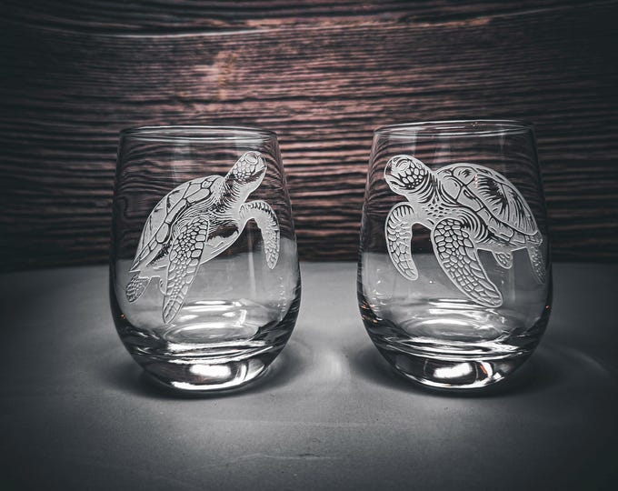 Featured listing image: Sea Turtles Stemless Etched Wine Glasses, Beach House, Home warming Gift, Gift For Her, Ocean Art Gift, Sea Glass Art, Beach Wedding