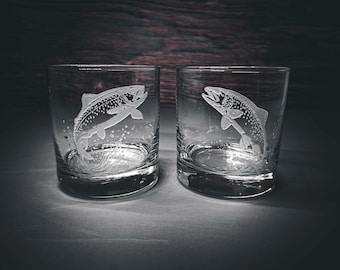 Trout Fish Glasses, Fisherman Glasses, Gift for Angler, Bar Whiskey Glasses, Cabin Drinkware, Scotch Glass Set, Bourbon Glasses, Set of 2