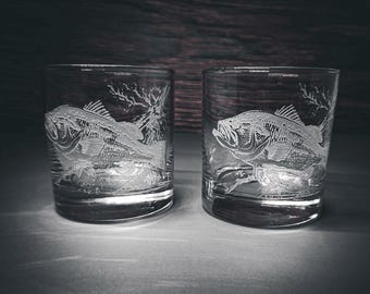Bass Fish Glasses, Fisherman Glasses, Gift for Angler, Bar Whiskey Glasses, Cabin Drinkware, Scotch Glass Set, Bourbon Glasses, Set of 2
