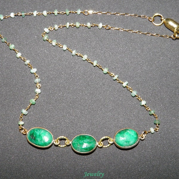 GENUINE EMERALD Precious Gemstone Rosary Style Necklace Three Emerald Stones Statement Necklace On Real Emerald Rosary Chain (Free USA Ship)