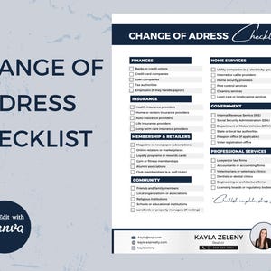 Könnte beinhalten: Eine Checkliste zur Adressänderung mit marineblauem Header und weißem Hintergrund. Die Checkliste umfasst Kategorien wie Finanzen, Versicherung und Home Services. Das Canva-Logo befindet sich unten links.