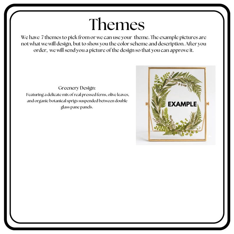 May include: A rectangular gold-toned metal frame containing two glass panes with pressed green ferns, olive leaves, and botanical sprigs arranged in a circular wreath shape. The word EXAMPLE is printed in black in the center of the glass.