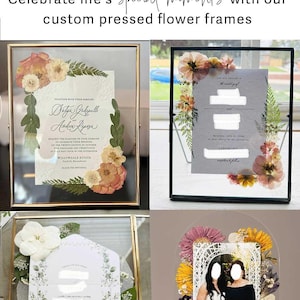 May include: Four rectangular and arched glass frames containing pressed flowers and wedding stationery. The text reads Kimberly Shawn custom designs, Celebrate life's special moments with our custom pressed flower frames, and various wedding details.