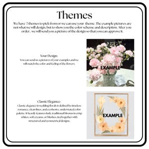 May include: An informational graphic titled Themes with text explaining custom floral design services. It displays two example images: a vase filled with pink carnations and a rectangular gold frame containing pressed light orange flowers and green ferns.