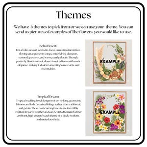 May include: An informational graphic titled Themes featuring text about floral arrangements and two rectangular framed examples. The top frame contains dried beige and orange flowers and greenery. The bottom frame contains colorful tropical flowers.