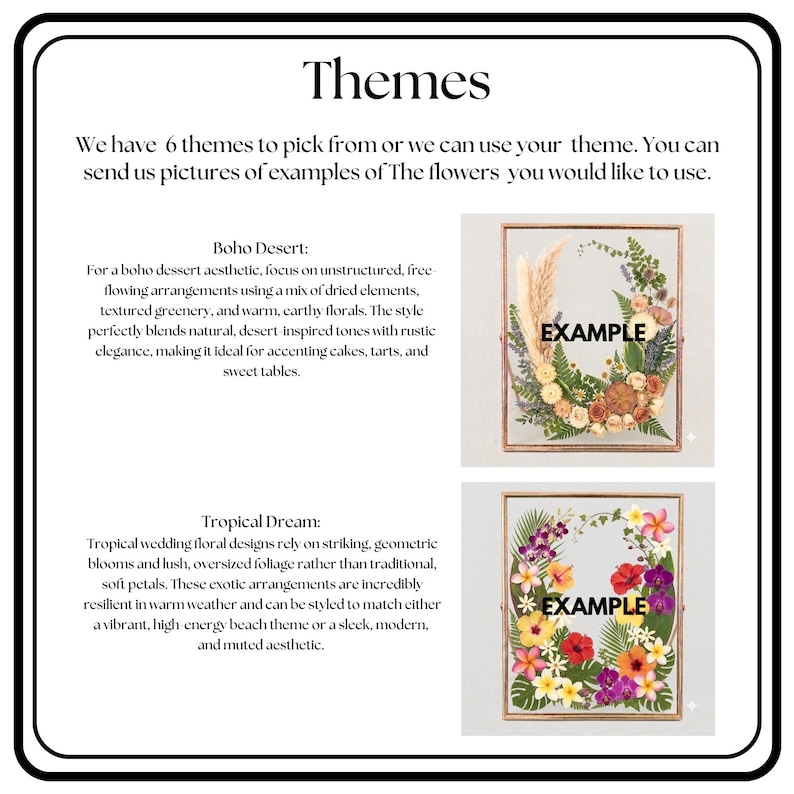May include: An informational graphic titled Themes featuring text about floral arrangements and two rectangular framed examples. The top frame contains dried beige and orange flowers and greenery. The bottom frame contains colorful tropical flowers.