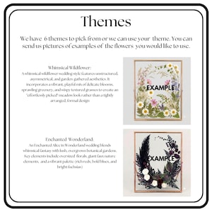 May include: A white informational sign titled Themes with black text describing six options. It displays two rectangular glass frames with metal edges, one containing pressed wildflowers and the other containing dark purple and white pressed foliage.