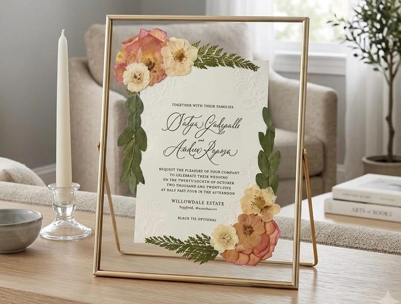 May include: A rectangular gold metal floating frame containing a white wedding invitation with embossed floral details. The invitation is decorated with pressed pink and cream flowers and green fern leaves, featuring black calligraphy text.