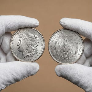May include: Two silver Morgan dollar coins, one with a woman's profile and the other with an eagle. The coins are held by gloved hands against a neutral background. The year 1878 is visible on one coin. The words 'One Dollar' are visible.