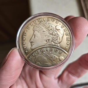 Peut inclure: Une pièce de monnaie en argent dans un étui en plastique transparent. La pièce représente un profil de femme et les inscriptions "LIBERTY" et "E PLURIBUS UNUM". La pièce est tenue dans une main.