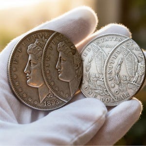 Peut inclure: Gros plan de plusieurs dollars en argent Morgan. Les pièces sont tenues dans une main gantée de blanc. L'avers des pièces représente un profil de femme et le texte "E PLURIBUS UNUM" et la date 1893. Le revers représente un aigle.