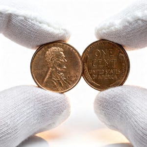 Peut inclure: Deux pièces de monnaie Lincoln de couleur cuivre, l'une montrant le profil de Lincoln et l'année 1914, l'autre avec les mots "ONE CENT" et "UNITED STATES OF AMERICA". Les pièces sont tenues par des mains gantées sur fond blanc.
